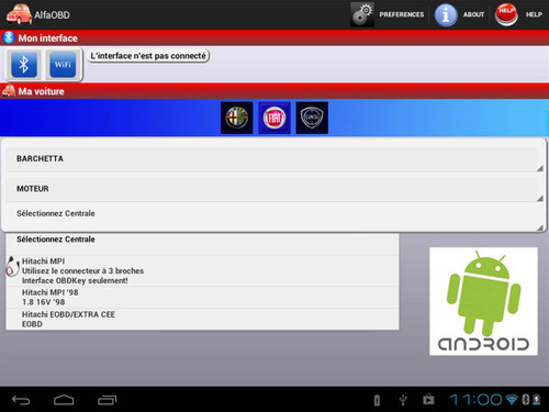 Logiciel ALFAOBD en français pour Fiat, Lancia, Alfa. Version Android