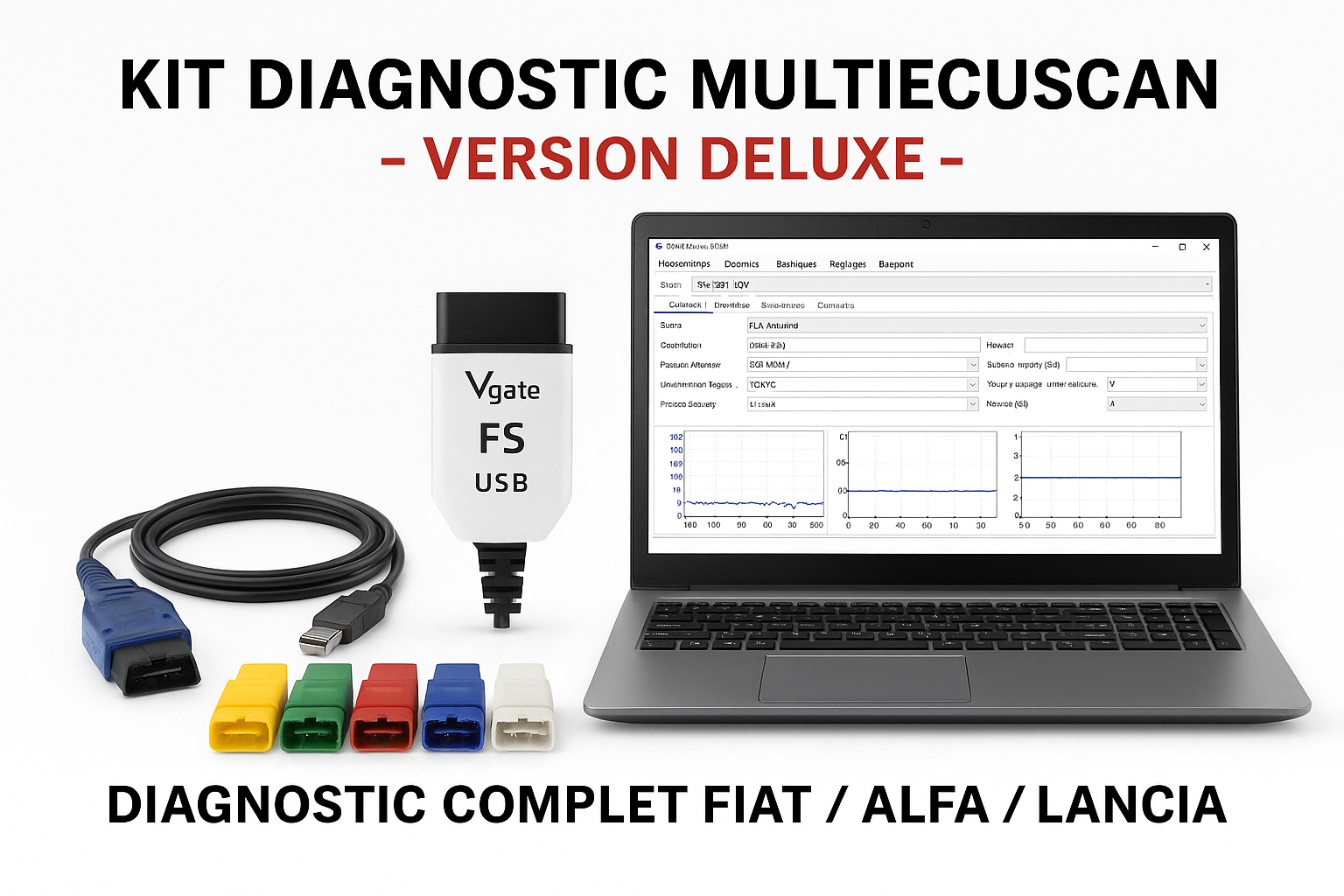 Kit diagnostic Multiecuscan (version Deluxe) : matériel + multiecuscan. Pour groupe FIAT, sur PC