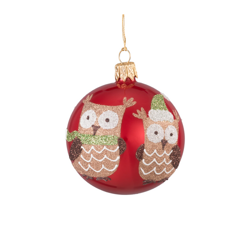 Red Ornament with Winter Owls