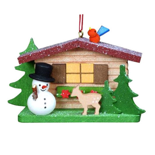 Cabin with Snowman Wood Ornament