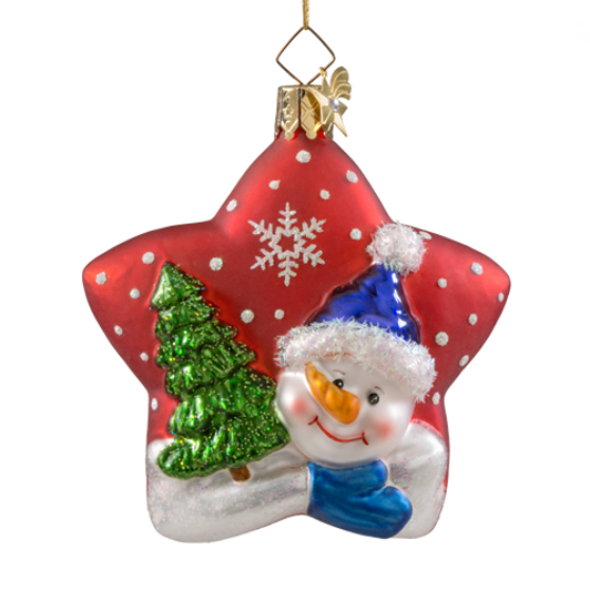 Snowman on a Red Star Glass Ornament