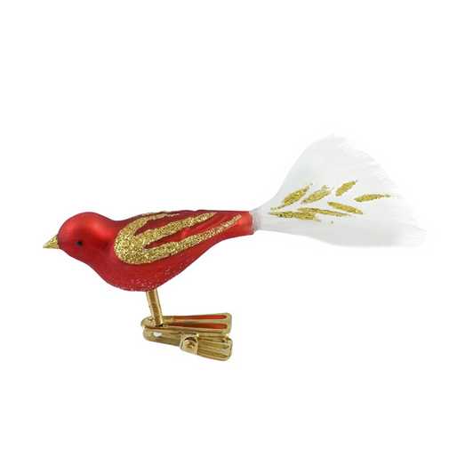 Red and Gold Glitter Bird with White Feather Tail