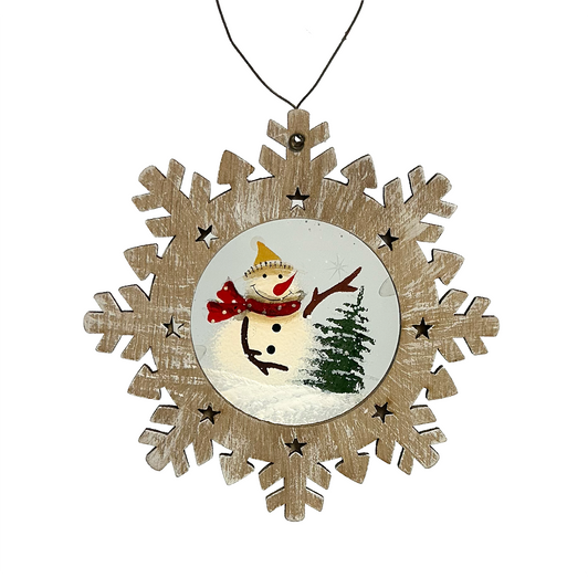 Snowman in Yellow Hat Wood Snowflake