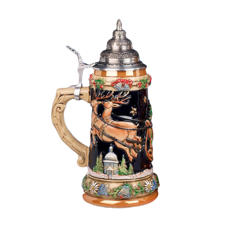 Santa in Sleigh Beer Stein Left with Reindeer