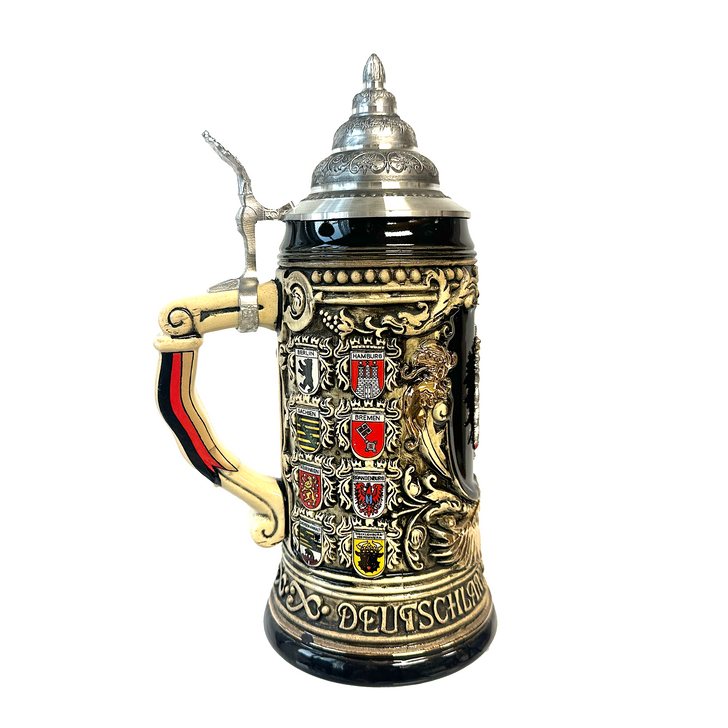 German Pewter Crest Stein Left Side