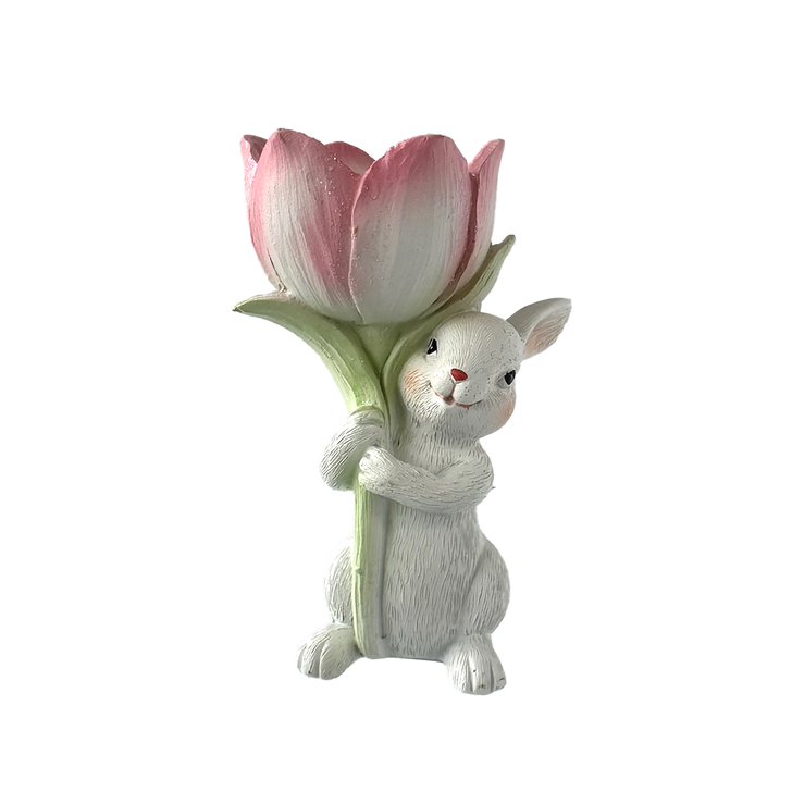 Rabbit Holiding Pink Tulip Candleholder