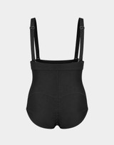 Back view of the Aesetica 2001P Petite Compression Bodysuit in black, medium size, showing the shorter torso design, adjustable suspenders, high-waisted support, contoured rear seams and ruched centre-back shaping.