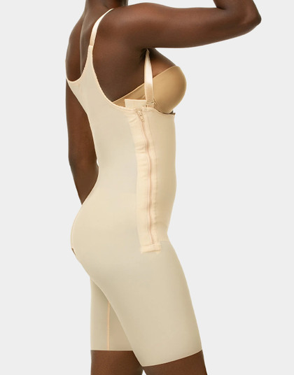 Isavela BS03 mid-thigh compression bodysuit with dual side zippers and open crotch for post-surgical support.​
