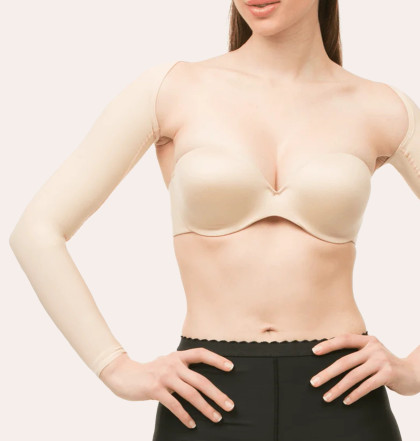 Adjustable compression sleeves with 3-row hook-and-eye back closure for customizable fit and support.