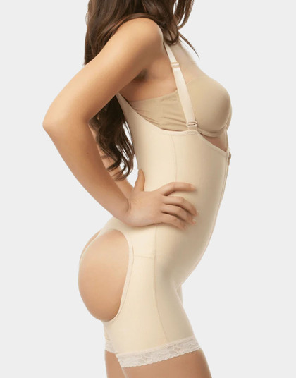 Below-the-knee compression bodysuit with front padded zipper and open crotch for post-operative support. Below-the-knee compression bodysuit with front padded zipper and open crotch for post-operative support.