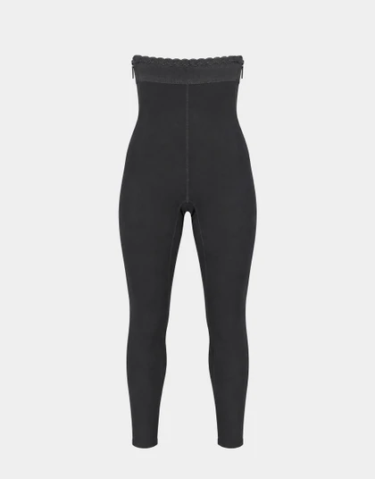 Aesetica High Waisted A Below Knee Compression Girdle – Front View Without Suspenders - Black high-waisted ankle length post-operative compression girdle shown from the front without suspenders, designed to provide support through the abdomen, hips, thighs and legs.