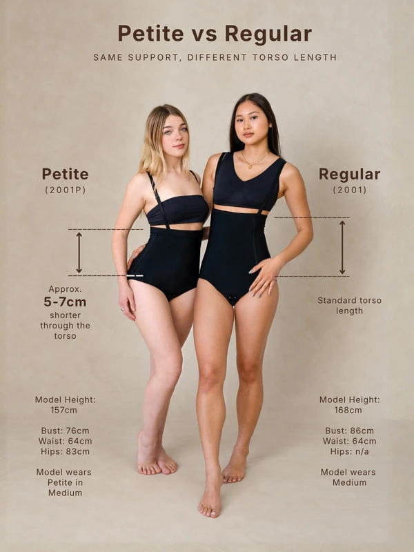 Aesetica Petite 2001P versus Regular 2001 bodysuit comparison, showing the shorter torso length of the Petite fit