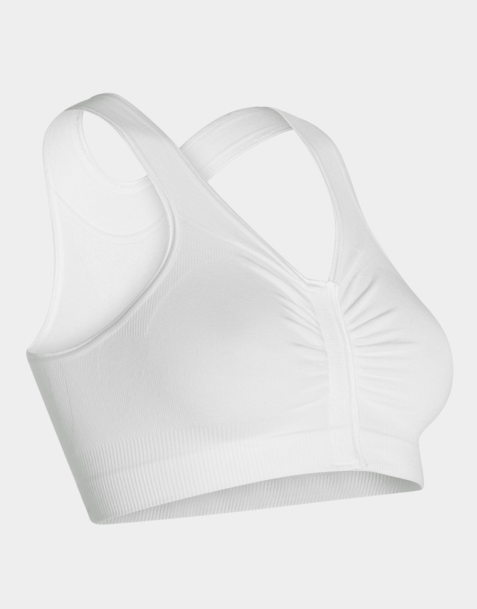 Carefix Bianca medical-grade bra offering wire-free support, soft stretch fabric, and easy Velcro fastening for post-op comfort.
