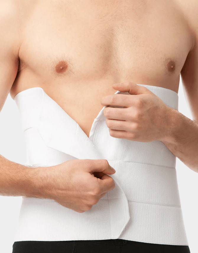 Unisex abdominal binder designed to support recovery after tummy tuck, liposuction, and hernia surgeries.