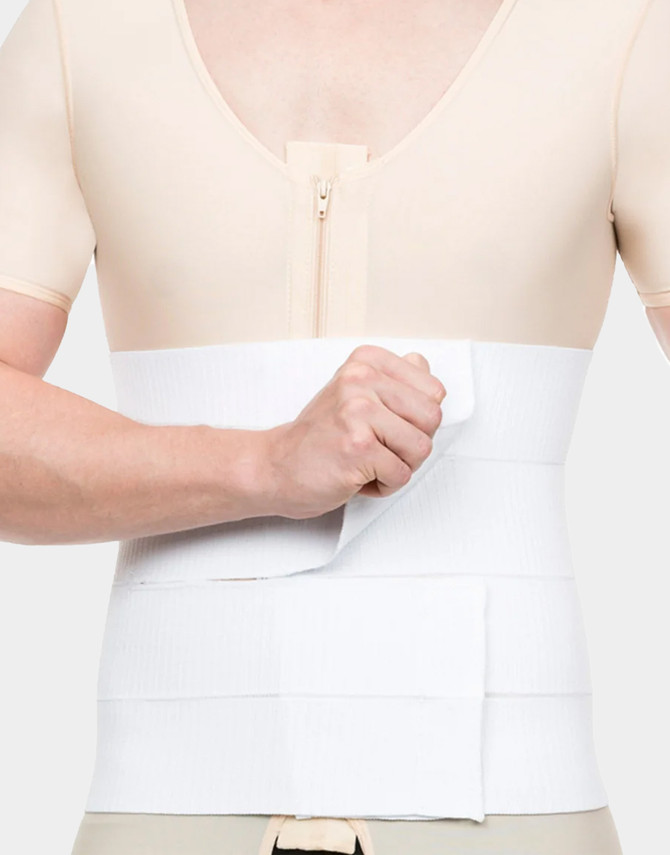 Breathable, latex-free abdominal binder providing firm support and improved circulation during healing.