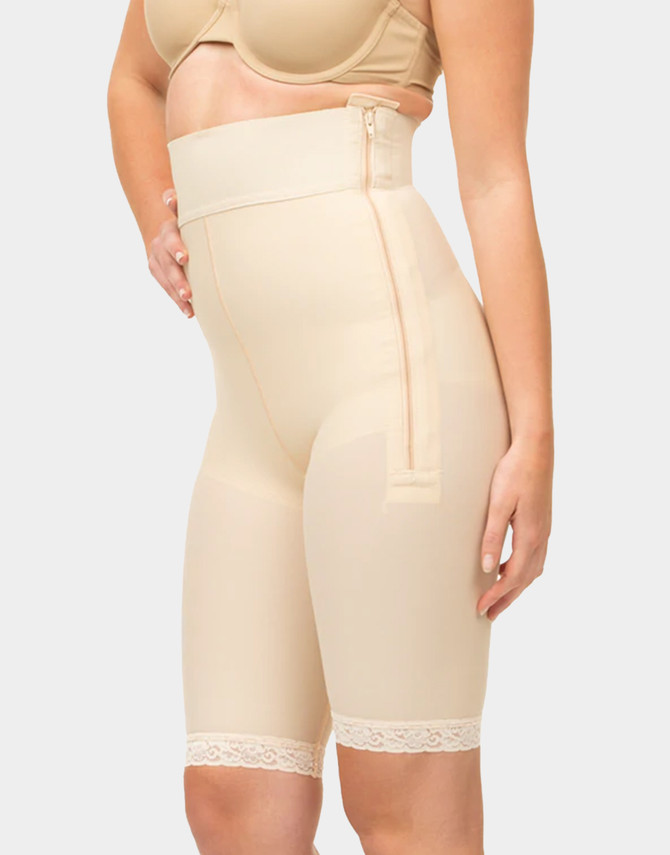 Isavela GR03 high-waist mid-thigh compression girdle with dual side zippers and open crotch for post-surgical support.​