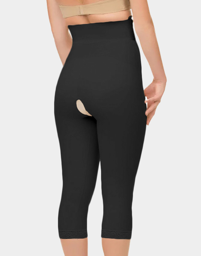 High-waist below-the-knee compression girdle with dual padded side zippers for secure post-operative support.​