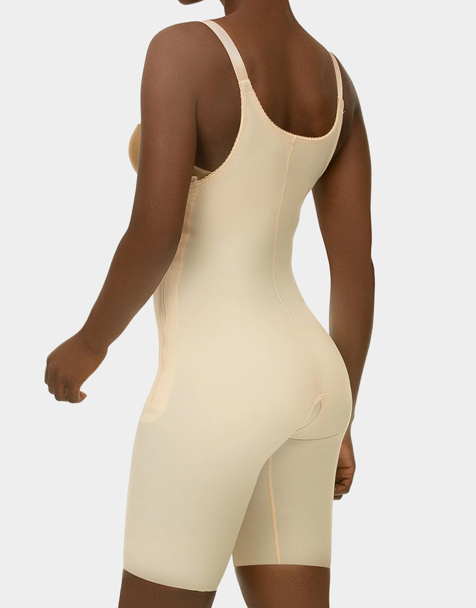 Isavela BS03 mid-thigh compression bodysuit with dual side zippers and open crotch for post-surgical support.​