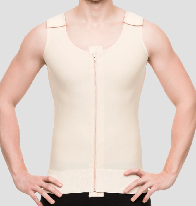Male compression vest with front padded zipper and adjustable Velcro shoulder straps for secure post-operative support.