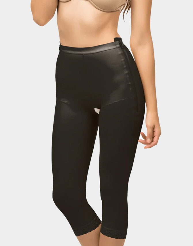 Low-waist below-the-knee compression girdle with dual padded side zippers for secure post-operative support.