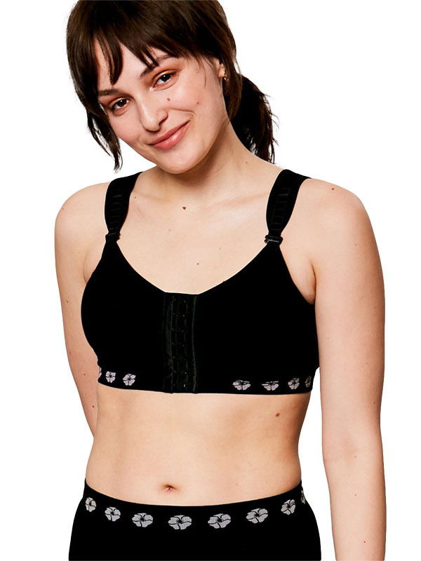 Peony Medium Support Bra (Front Opening Hook & Eye) - Black