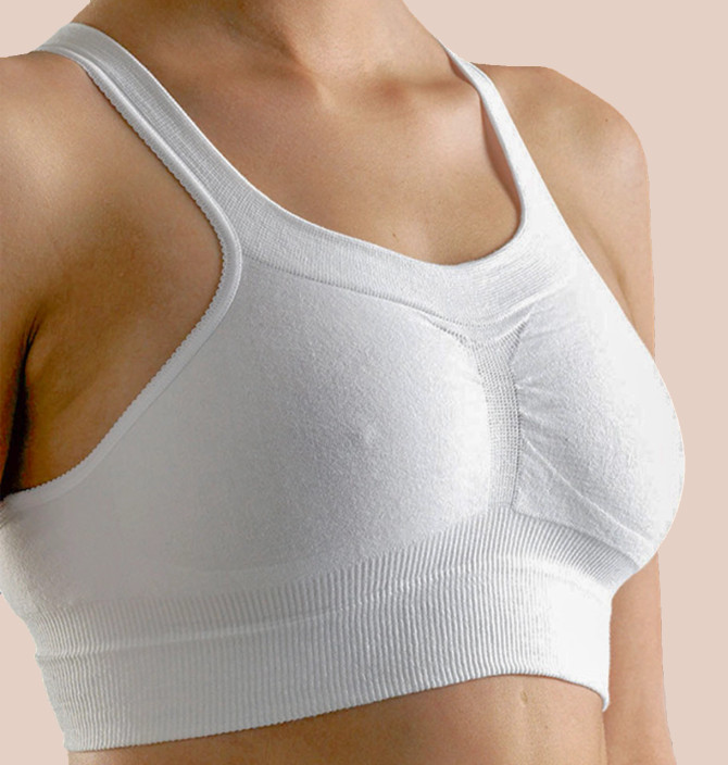Post-op Clara bra with wireless support, soft cotton fabric, and stretchy pull-on design for maximum comfort during recovery.