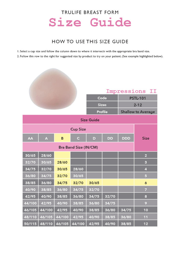 Impressions II - Trulife Breast Form - Size Chart