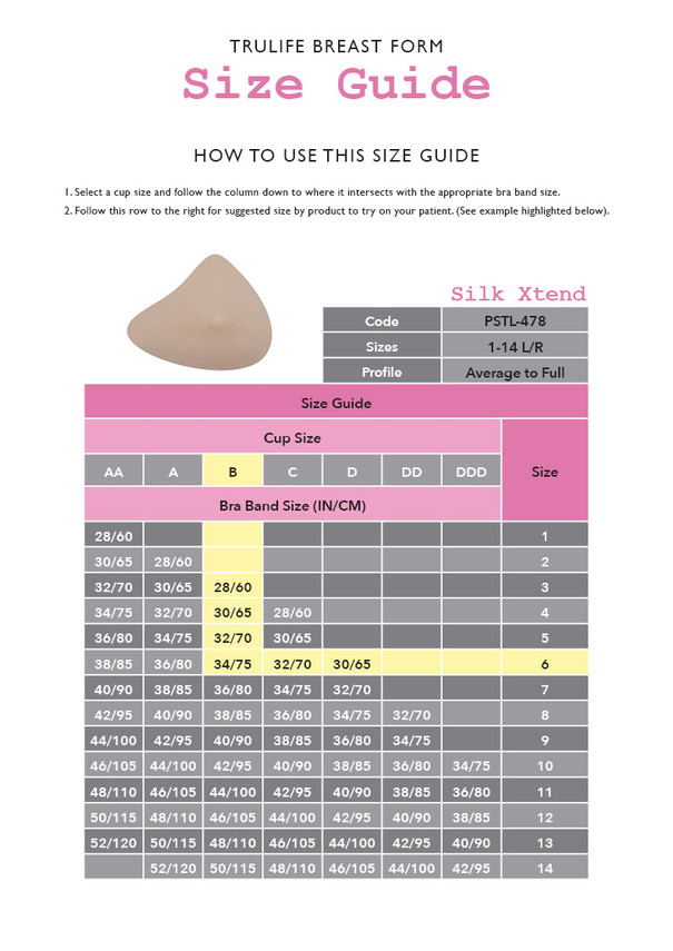 Silk Xtend - Trulife Breast Form - Size Chart