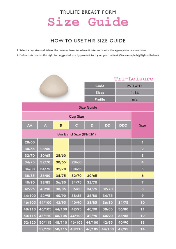 Tri-Leisure - Trulife Breast Form - Size Guide