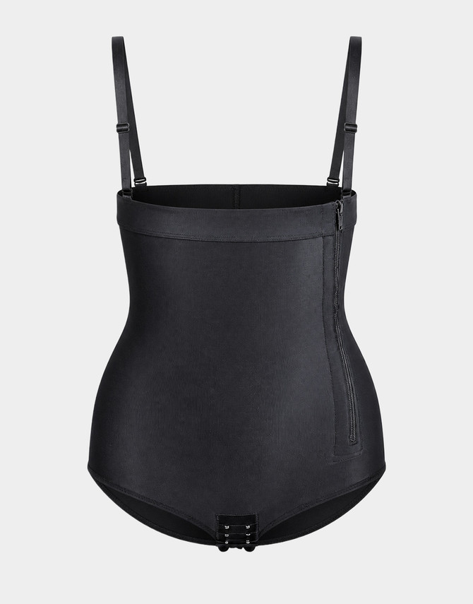 Aesetica black high-waisted compression bodysuit with adjustable suspenders, side zip and hook-and-eye crotch closure