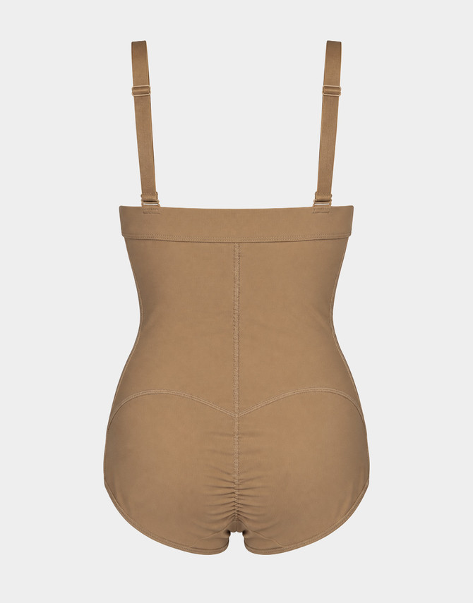 Aesetica 2001 Bodysuit with Girdle and Suspenders in latte, featuring adjustable straps, abdominal and waist compression, side zip closure and adjustable crotch fastening.