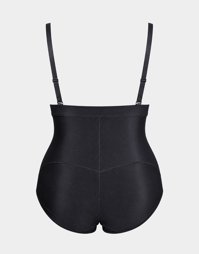 Back view of Aesetica Petite compression bodysuit in large black, with high-waisted support, contoured rear panels and brief-length coverage