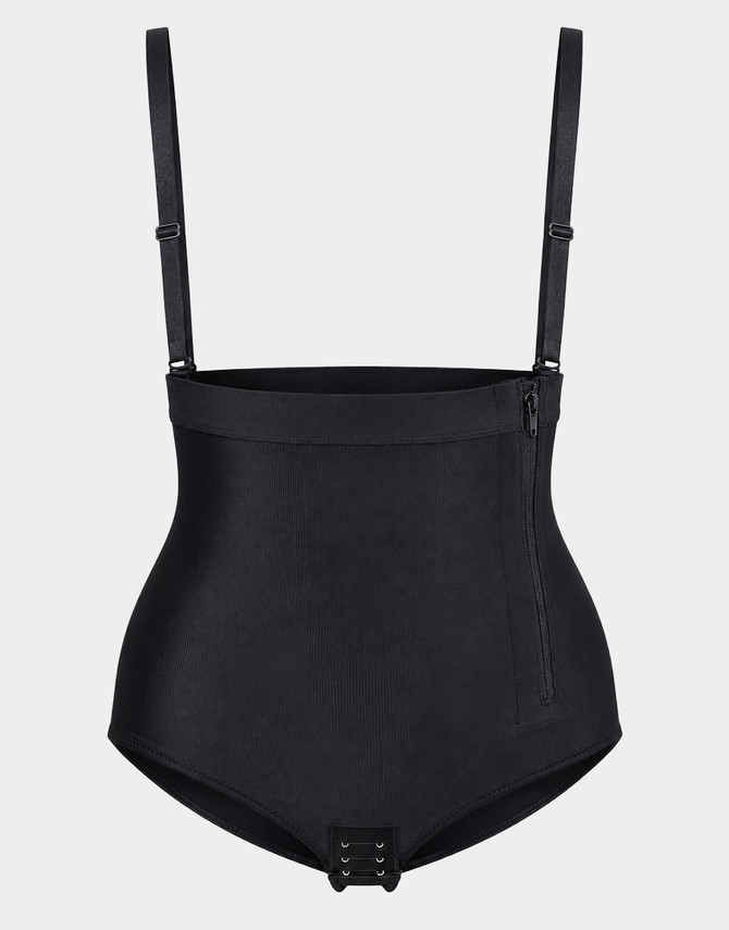 Front view of Aesetica Petite Bodysuit w/ Girdle and Suspenders in large black, with firm abdominal compression, adjustable suspenders and brief-length coverage