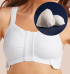 Carefix Marianne post-surgical bra with integrated textile breast puffs and front hook closure for easy access and recovery support.
