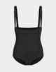 Aesetica 2001P Petite Bodysuit with Girdle and Suspenders in black, medium size, featuring a shorter torso fit, adjustable shoulder straps, abdominal compression, side zip closure and adjustable crotch fastening.