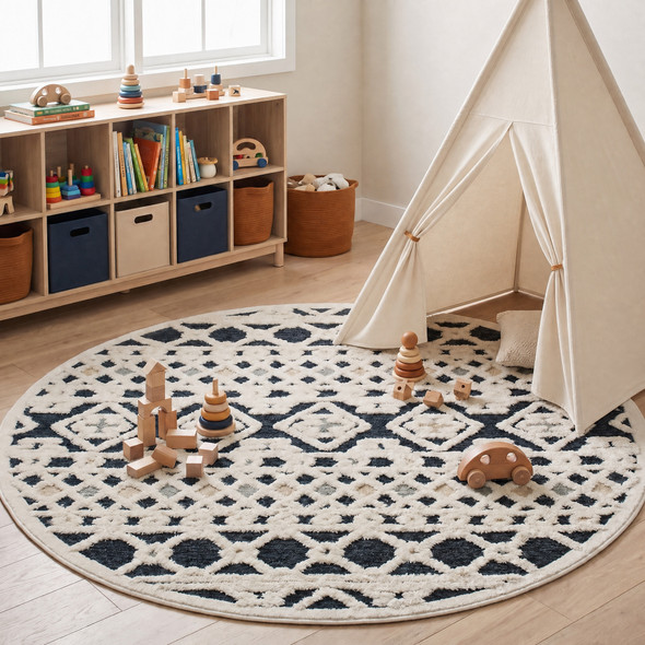 LR Home Sinuous 54114 Navy Blue Cream Tan Rug