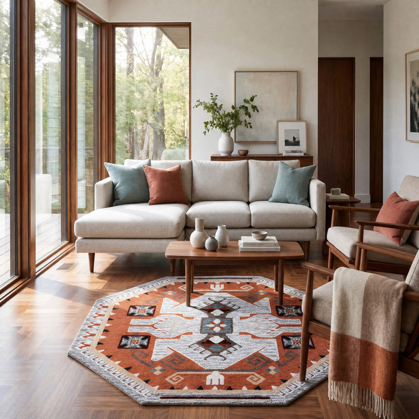 LR Home Sinuous 54119 Terracotta Gray Blue Rug