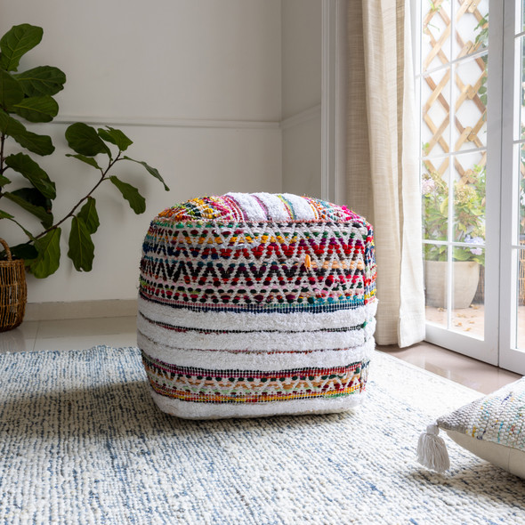 LR Home Chindi Pouf 34237 Multi  White Pouf