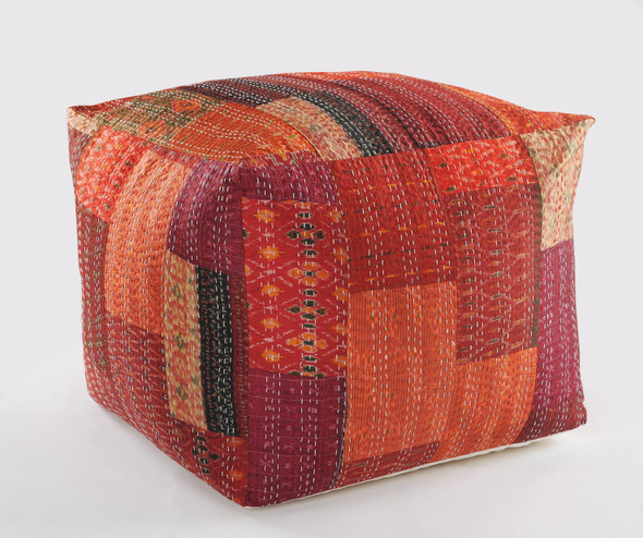 LR Home Kantha 99730 Red Orange Pouf