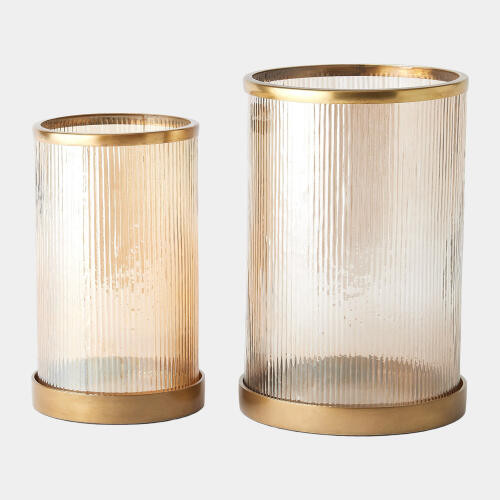 Global Views Tredough Luster Ribbed Hurricane Antique Brass Candleholder