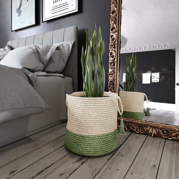 LR Home Baskets 16043 Bleached White Moss Green Basket