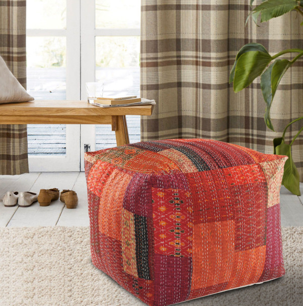 LR Home Kantha 99730 Red Orange Pouf