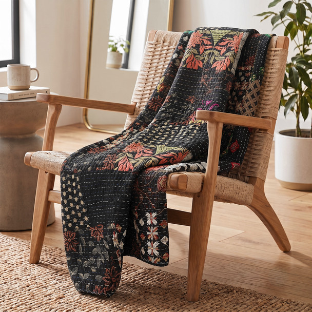 LR Home Kantha 80175 Black Throw