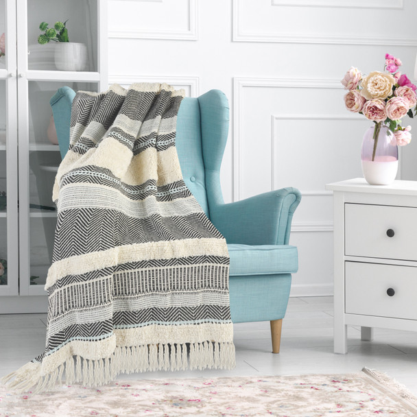 LR Home Sundry 80193 Navy Blue Cream Throw