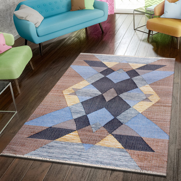 LR Home Nimroz 81982 Tan Light Blue Navy Yellow Rug