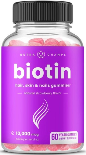 NutraChamps Biotin Hair Skin & Nails Gummies Natural Strawberry -- 10000 mcg - 60 Vegan Gummies