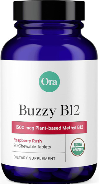 Ora Organic Organic Buzzy B12 1500 mg, Raspberry Rush Flavor - 30 Chewable Tablets
