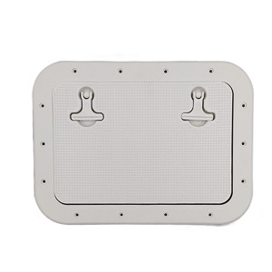 Large boat hatch with a white plastic door, showcasing two handles for effortless operation.