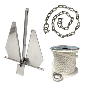 A sturdy rope, chain, and metal anchor, perfect for securing your boat.
