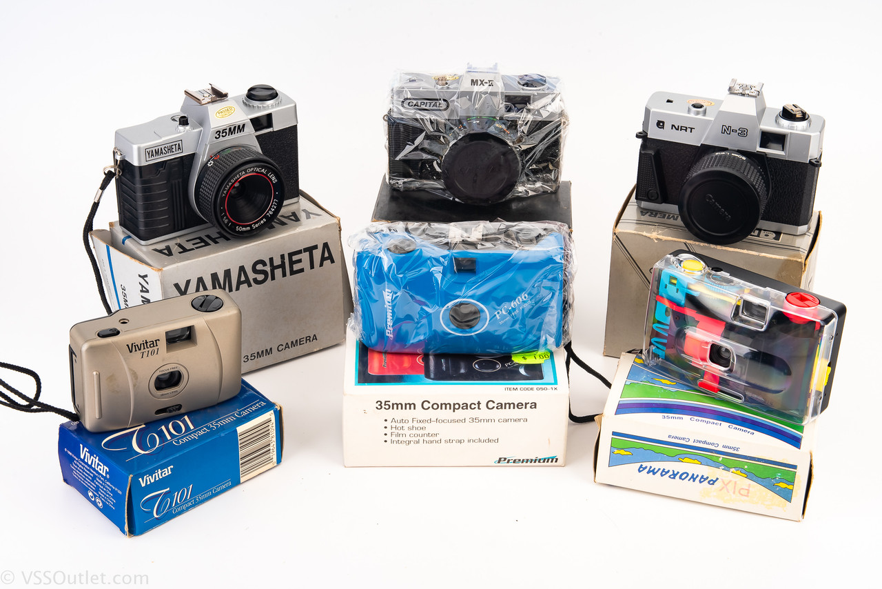 Lot of 6 Vintage Plastic 35mm Film Cameras in Original Boxes